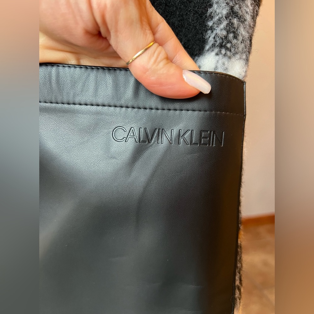 NWT Calvin Klein Plaid Faux-Leather-Pocket Walker Coat Wool Blend Black XXS - Picture 5 of 16